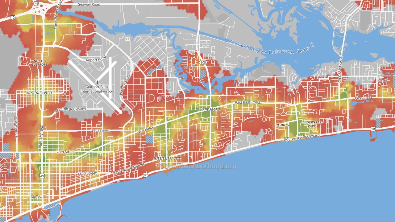 Walk Grade map of 39507, MS, walkable areas in green and car-dependent areas in red