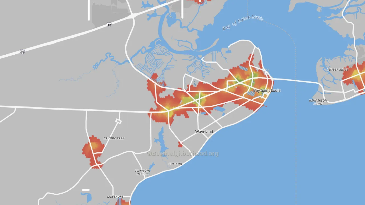 Walk Grade map of 39520, MS, walkable areas in green and car-dependent areas in red
