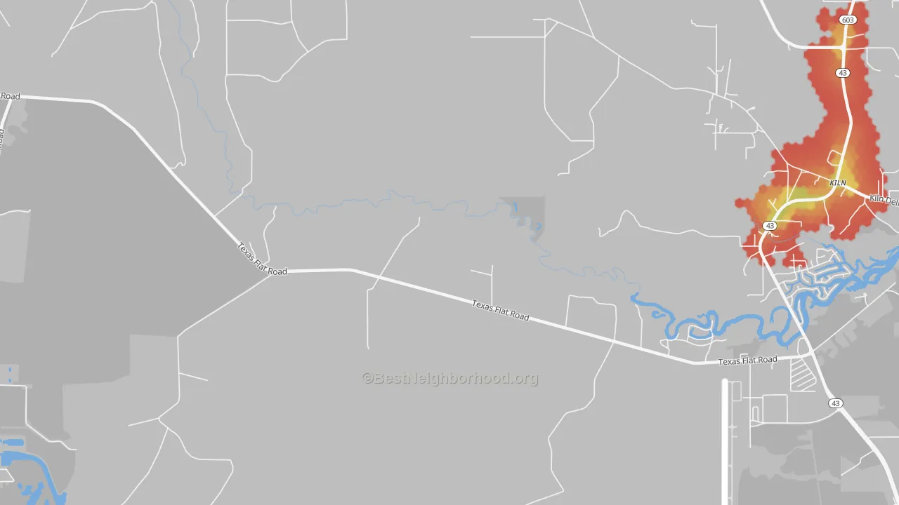 Walk Grade map of 39521, MS, walkable areas in green and car-dependent areas in red