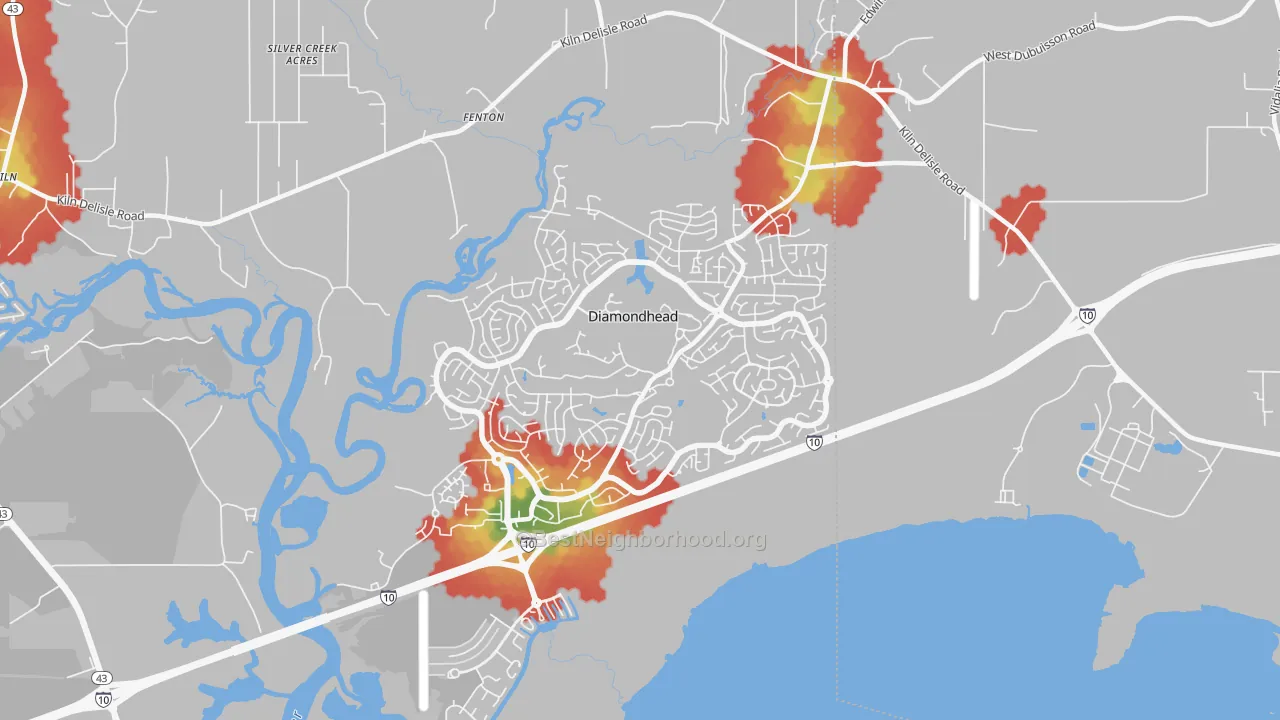 Walk Grade map of 39525, MS, walkable areas in green and car-dependent areas in red