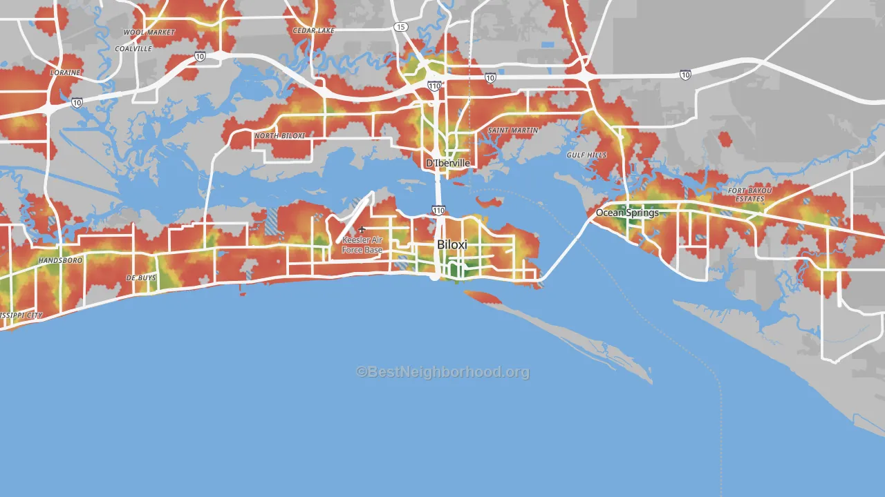 Walk Grade map of 39530, MS, walkable areas in green and car-dependent areas in red