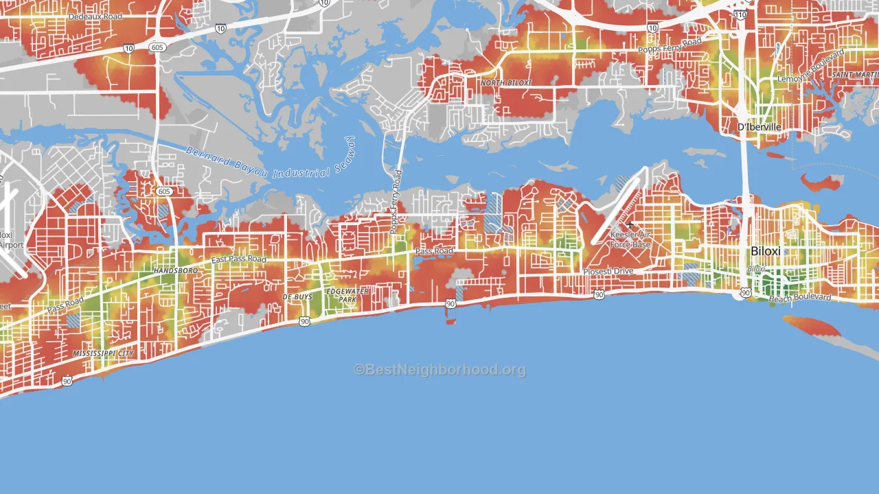 Walk Grade map of 39531, MS, walkable areas in green and car-dependent areas in red