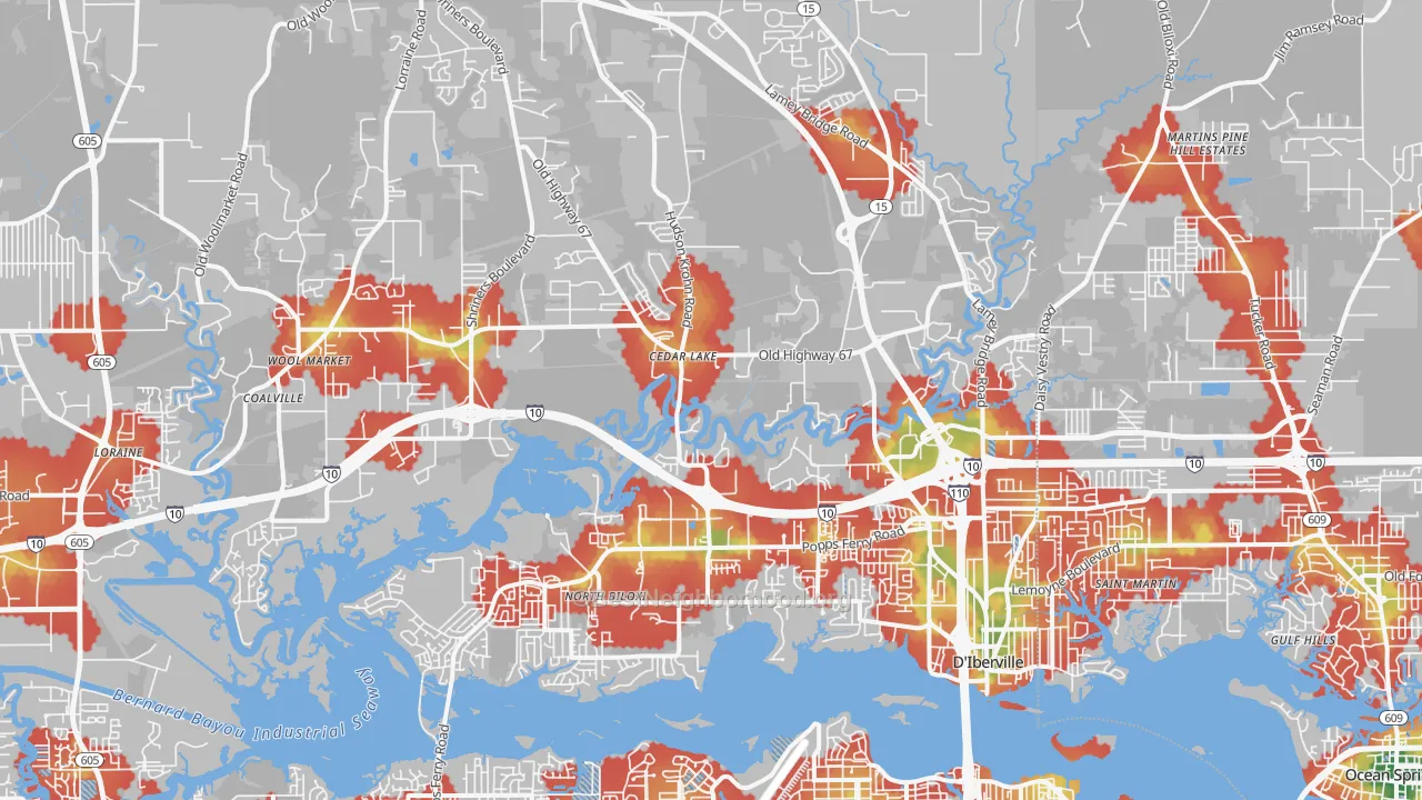 Walk Grade map of 39532, MS, walkable areas in green and car-dependent areas in red