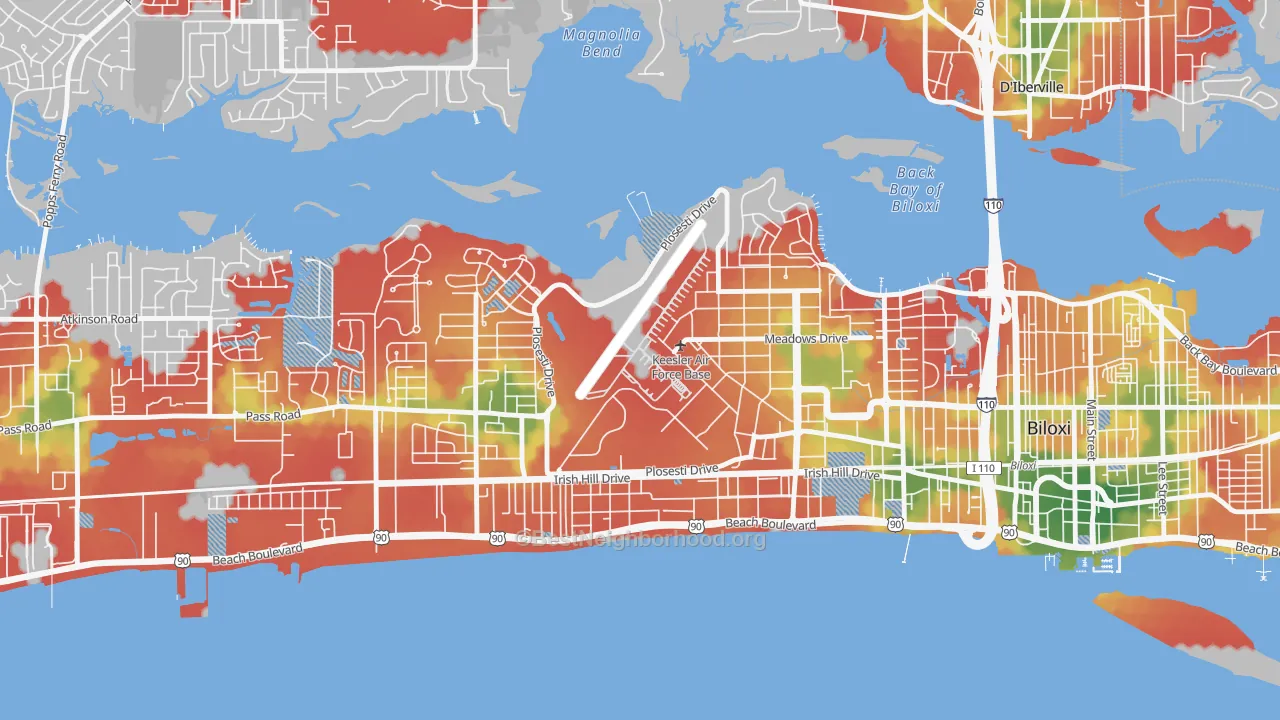 Walk Grade map of 39534, MS, walkable areas in green and car-dependent areas in red