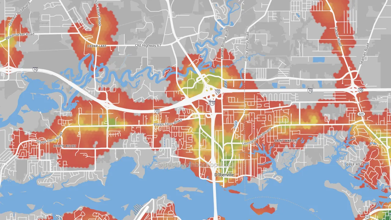 Walk Grade map of 39540, MS, walkable areas in green and car-dependent areas in red