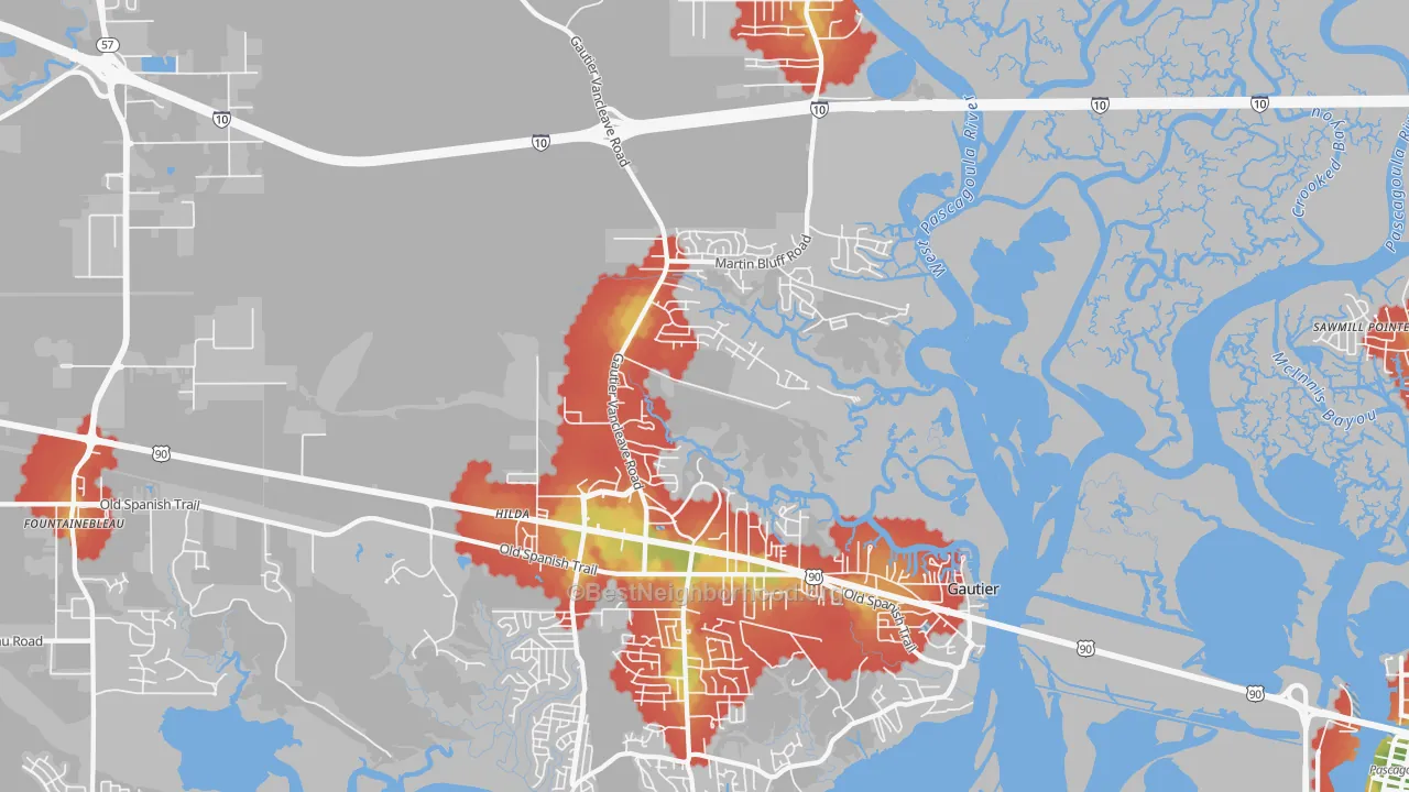 Walk Grade map of 39553, MS, walkable areas in green and car-dependent areas in red