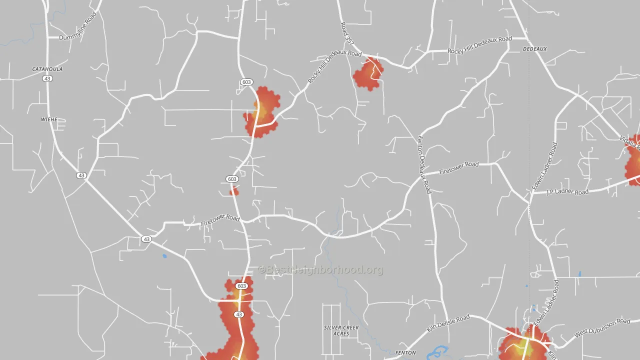Walk Grade map of 39556, MS, walkable areas in green and car-dependent areas in red