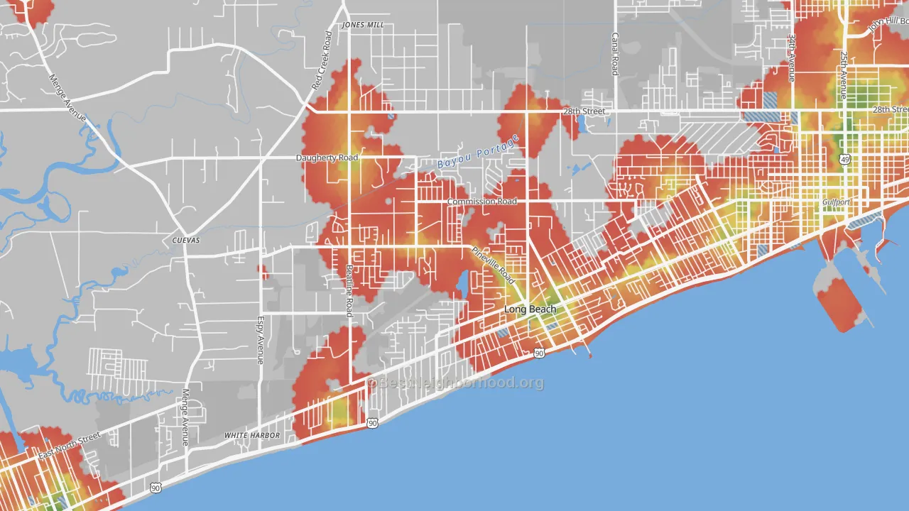 Walk Grade map of 39560, MS, walkable areas in green and car-dependent areas in red