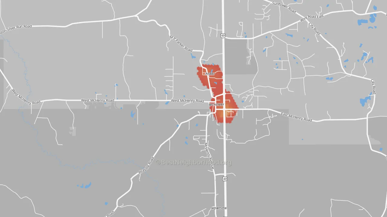 Walk Grade map of 39561, MS, walkable areas in green and car-dependent areas in red