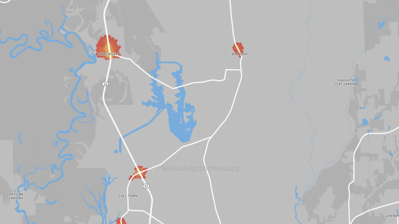 Walk Grade map of 39562, MS, walkable areas in green and car-dependent areas in red