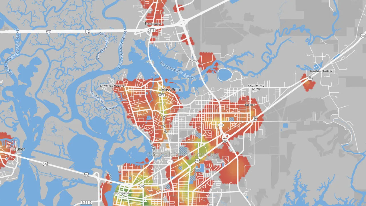 Walk Grade map of 39563, MS, walkable areas in green and car-dependent areas in red