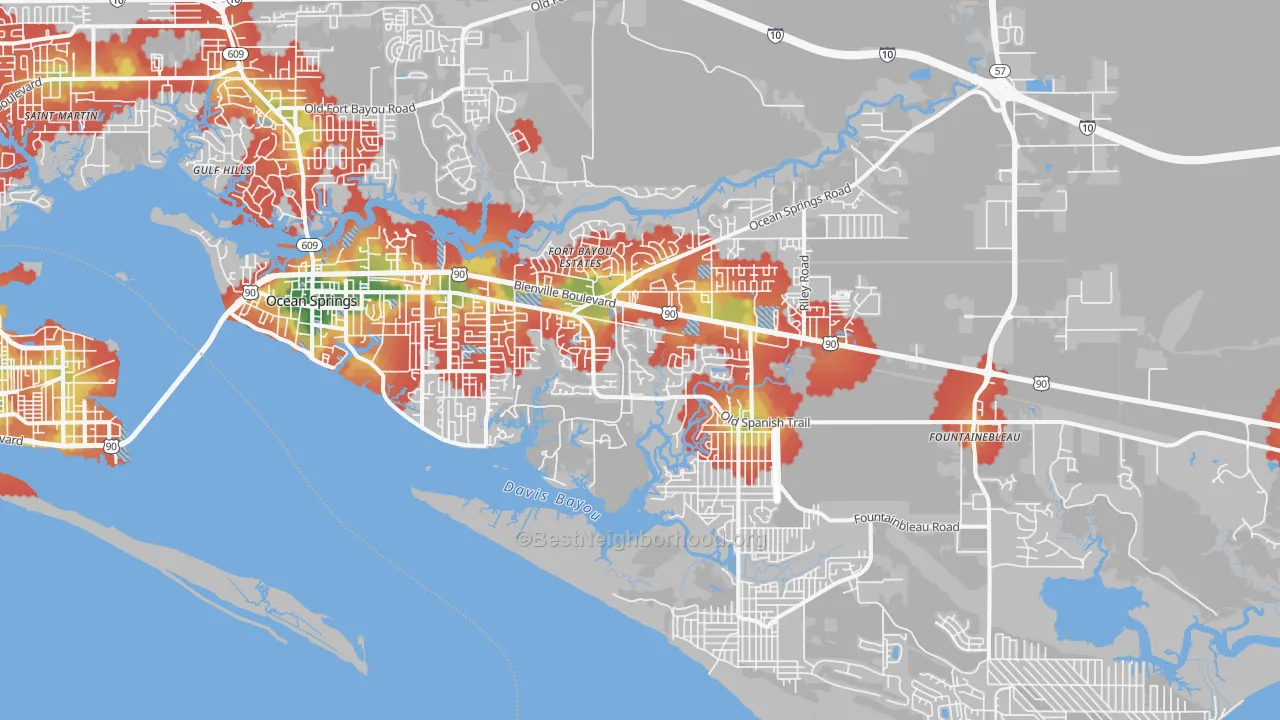 Walk Grade map of 39564, MS, walkable areas in green and car-dependent areas in red