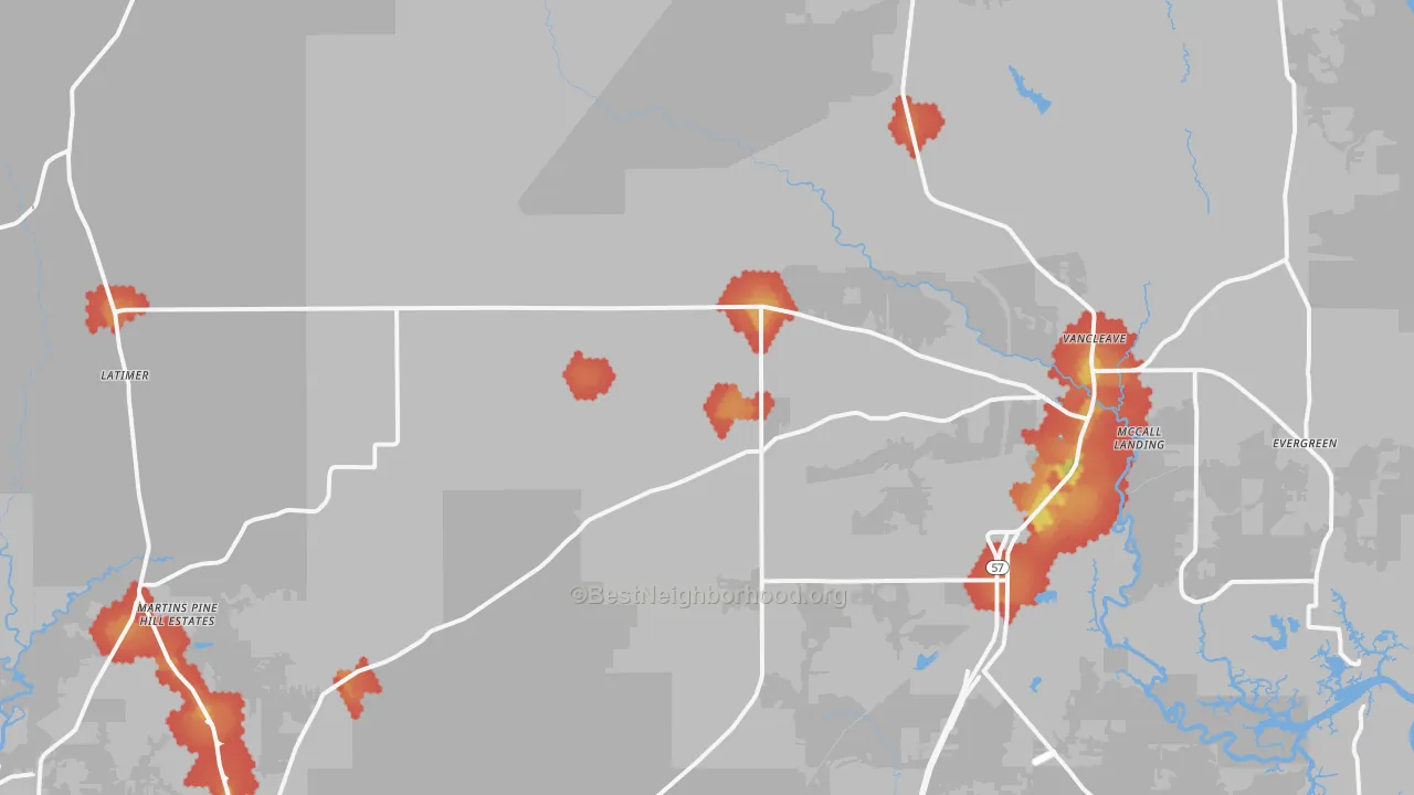 Walk Grade map of 39565, MS, walkable areas in green and car-dependent areas in red