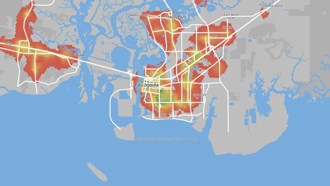 Walk Grade map of 39567, MS, walkable areas in green and car-dependent areas in red