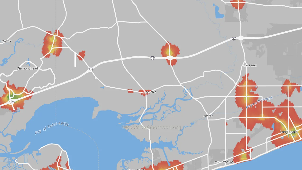 Walk Grade map of 39571, MS, walkable areas in green and car-dependent areas in red