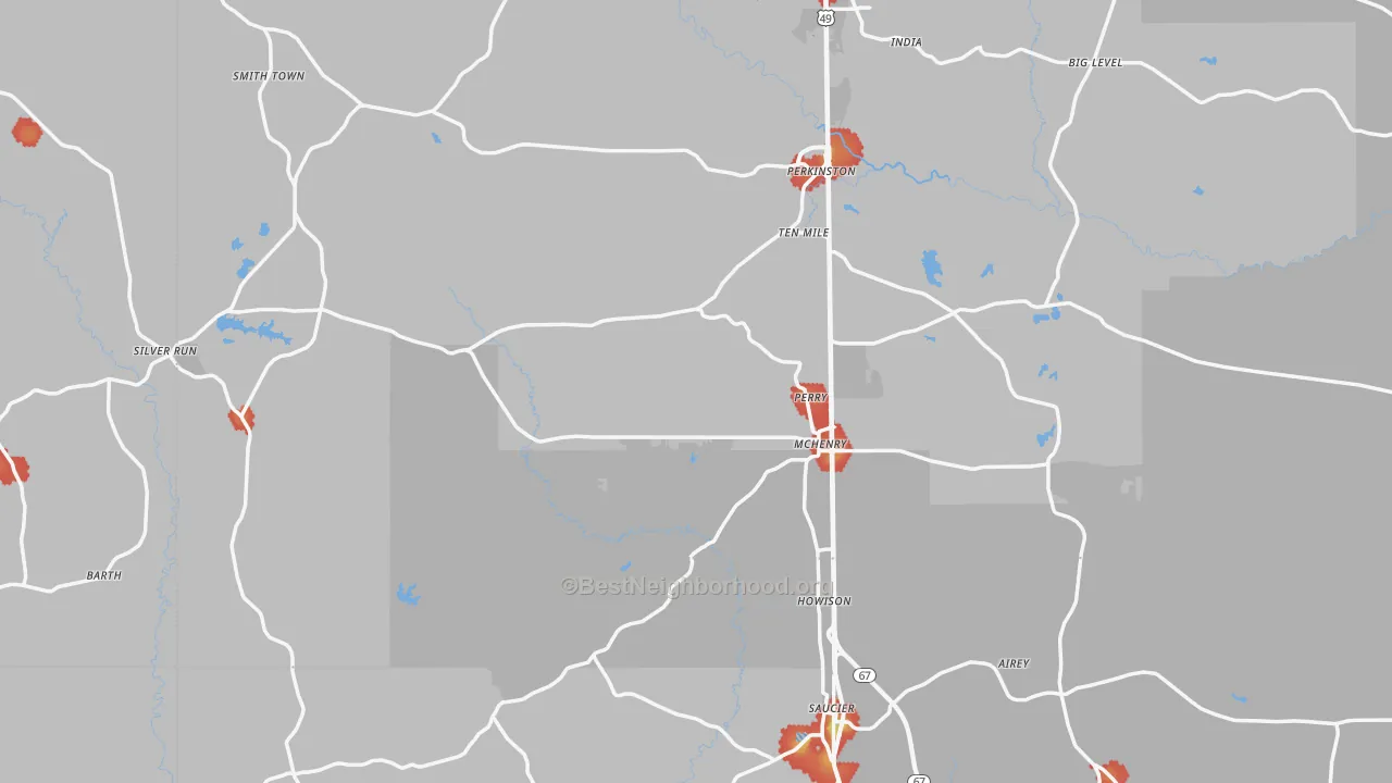 Walk Grade map of 39573, MS, walkable areas in green and car-dependent areas in red