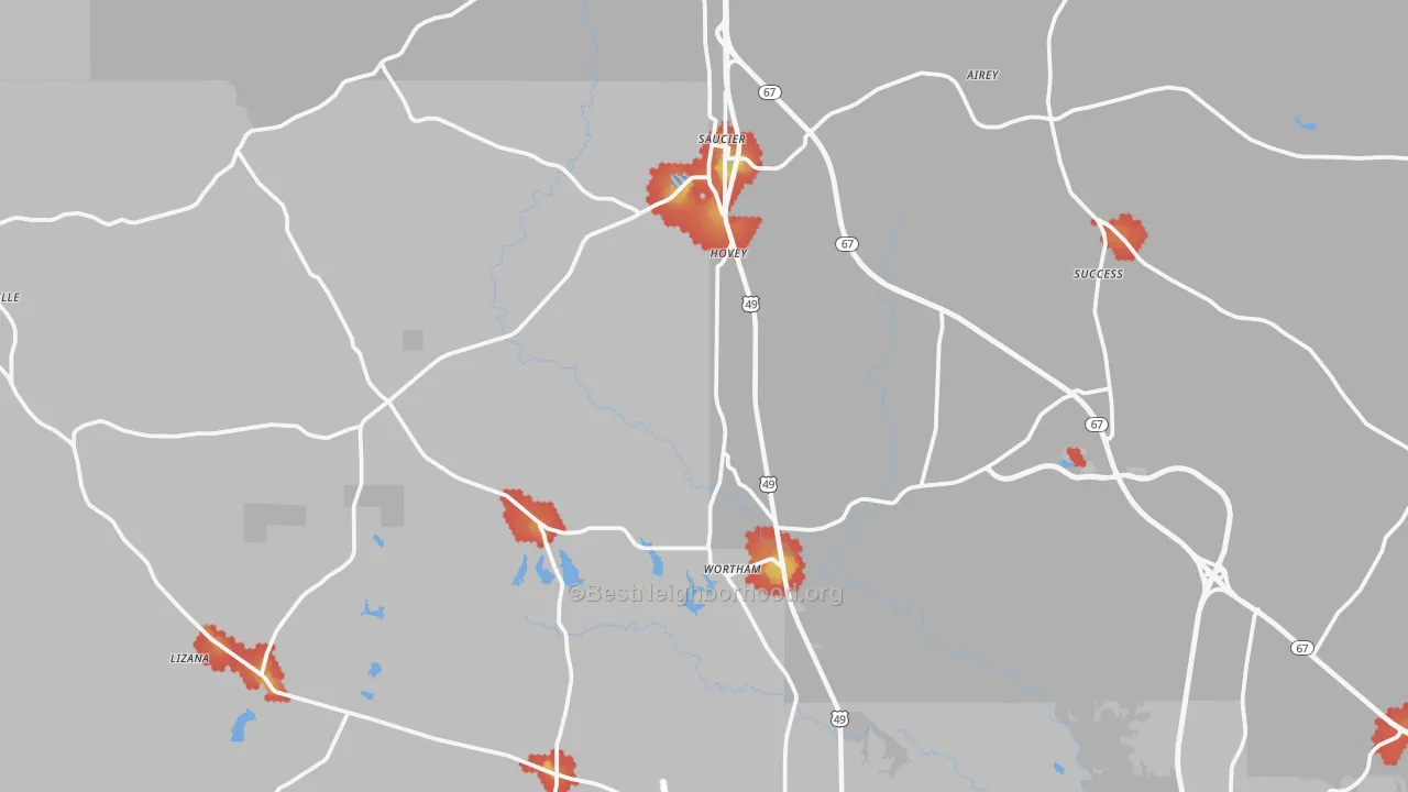 Walk Grade map of 39574, MS, walkable areas in green and car-dependent areas in red