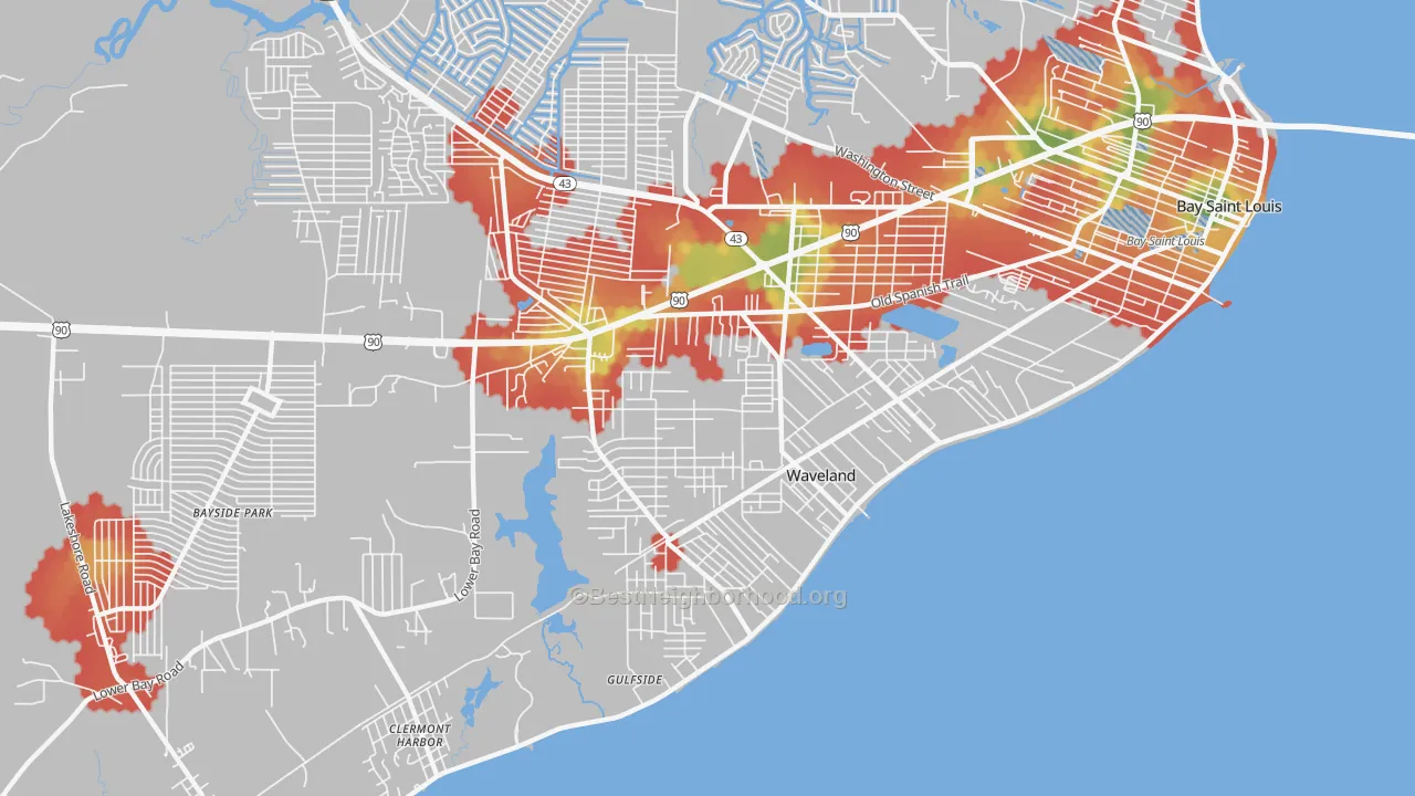 Walk Grade map of 39576, MS, walkable areas in green and car-dependent areas in red