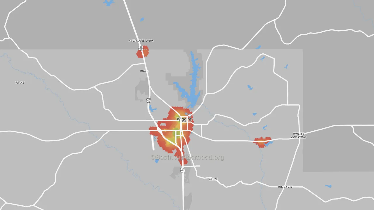 Walk Grade map of 39577, MS, walkable areas in green and car-dependent areas in red