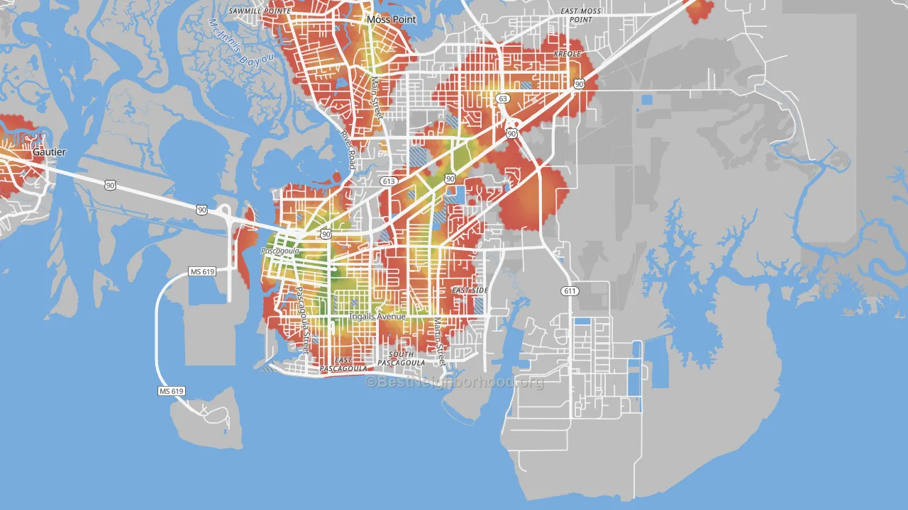 Walk Grade map of 39581, MS, walkable areas in green and car-dependent areas in red