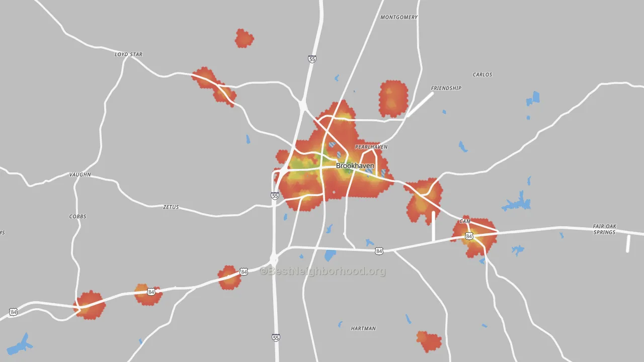 Walk Grade map of 39601, MS, walkable areas in green and car-dependent areas in red