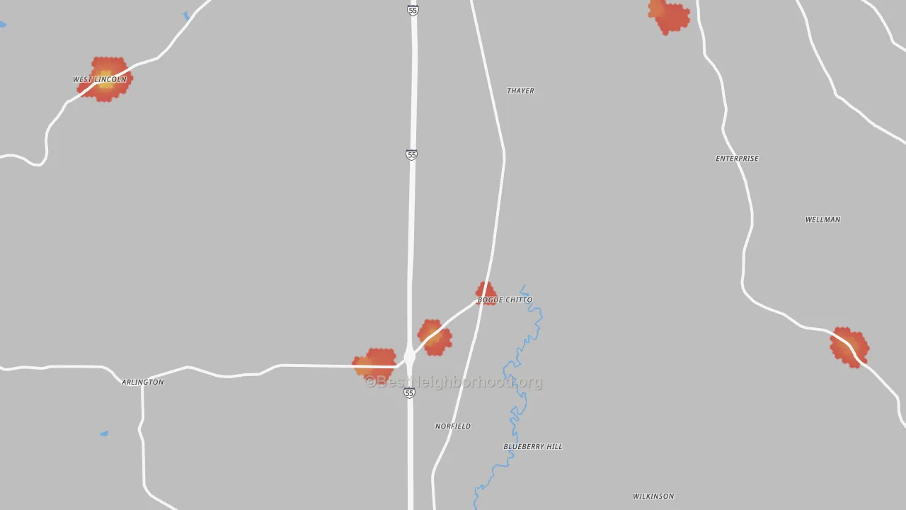 Walk Grade map of 39629, MS, walkable areas in green and car-dependent areas in red