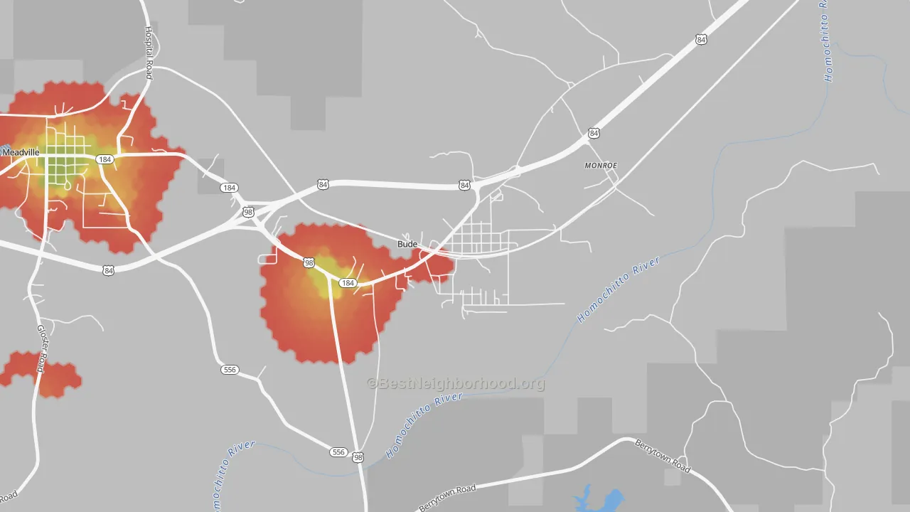 Walk Grade map of 39630, MS, walkable areas in green and car-dependent areas in red