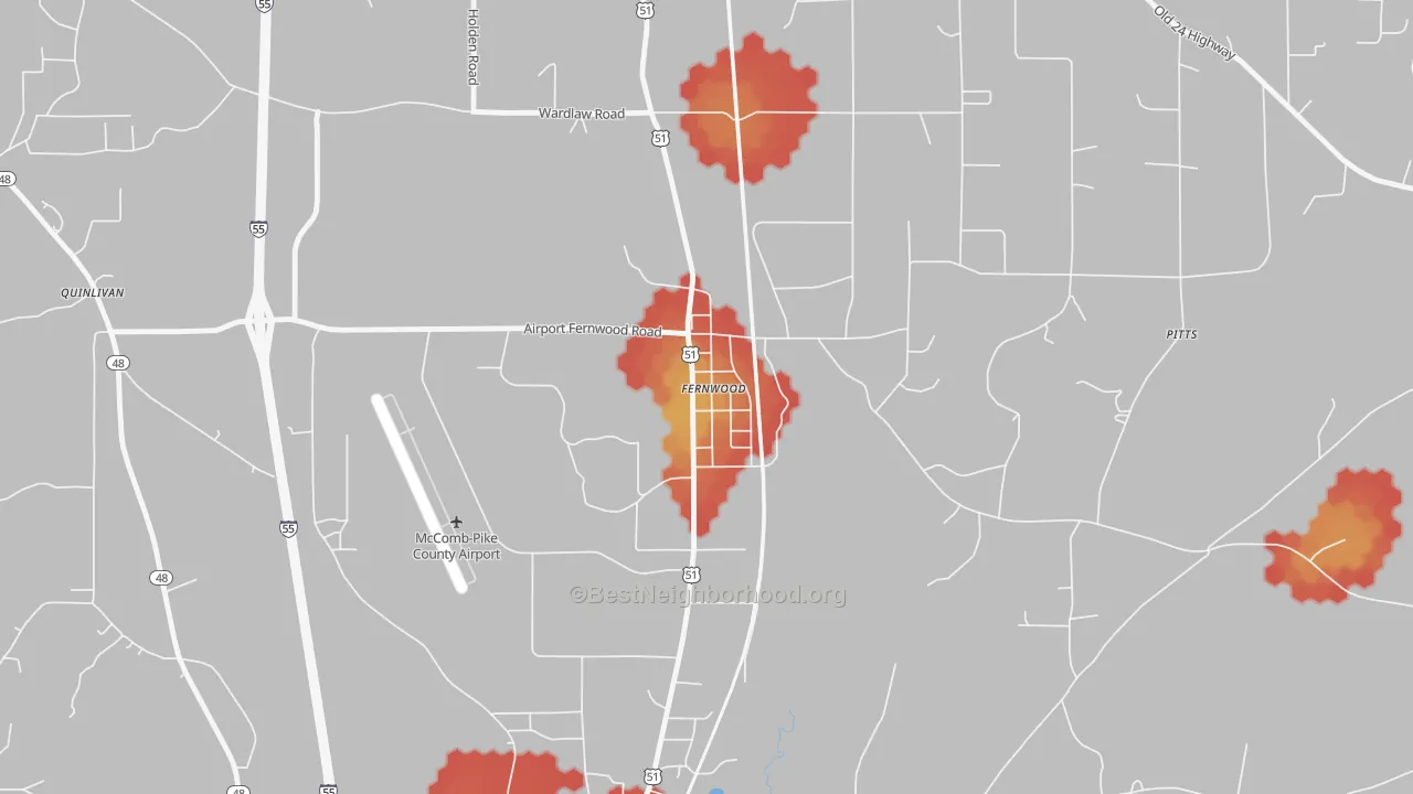 Walk Grade map of 39635, MS, walkable areas in green and car-dependent areas in red