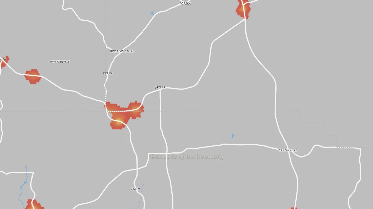 Walk Grade map of 39641, MS, walkable areas in green and car-dependent areas in red
