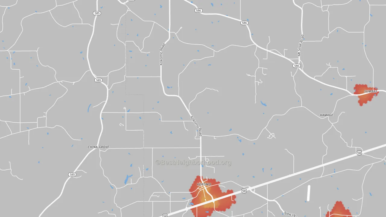 Walk Grade map of 39643, MS, walkable areas in green and car-dependent areas in red