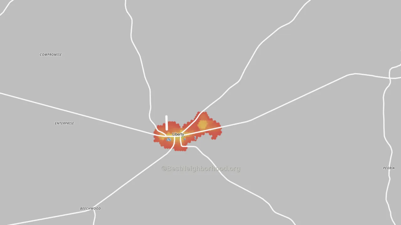 Walk Grade map of 39645, MS, walkable areas in green and car-dependent areas in red