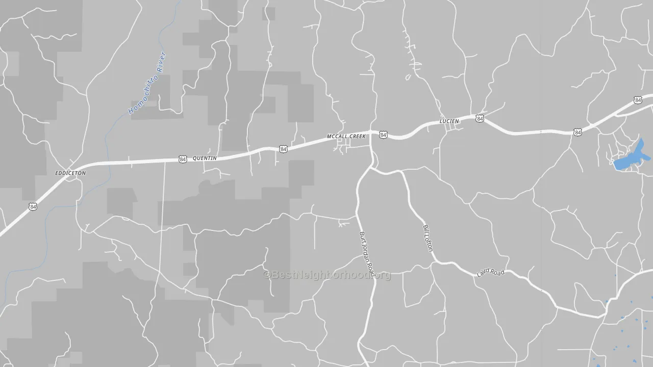 Walk Grade map of 39647, MS, walkable areas in green and car-dependent areas in red