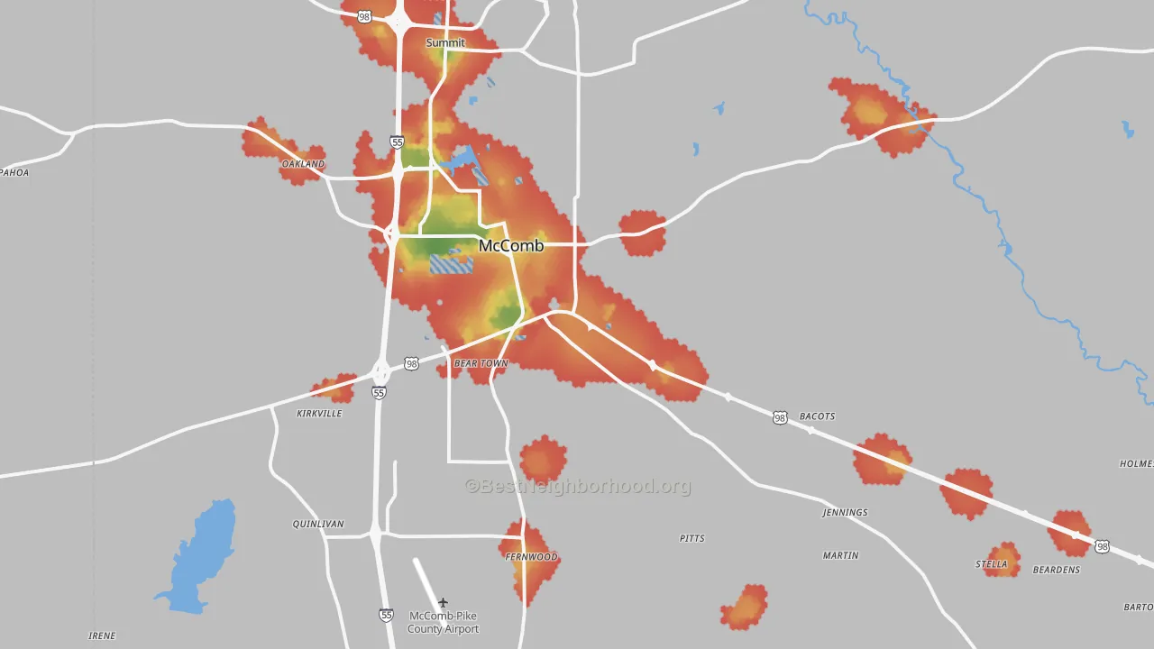 Walk Grade map of 39648, MS, walkable areas in green and car-dependent areas in red