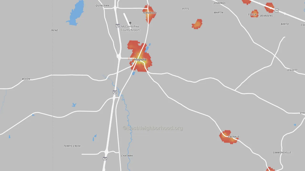 Walk Grade map of 39652, MS, walkable areas in green and car-dependent areas in red