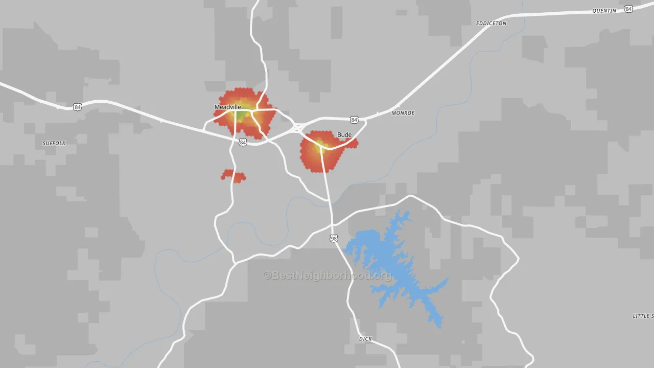 Walk Grade map of 39653, MS, walkable areas in green and car-dependent areas in red