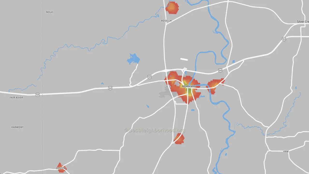 Walk Grade map of 39654, MS, walkable areas in green and car-dependent areas in red