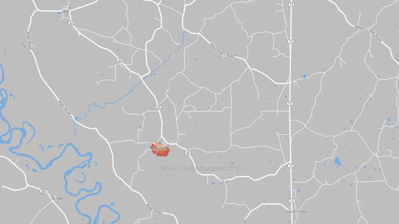 Walk Grade map of 39656, MS, walkable areas in green and car-dependent areas in red