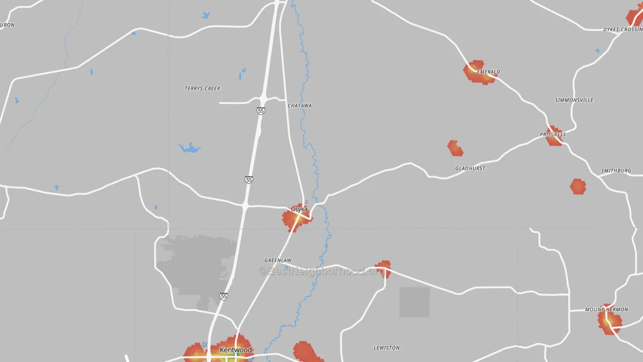 Walk Grade map of 39657, MS, walkable areas in green and car-dependent areas in red