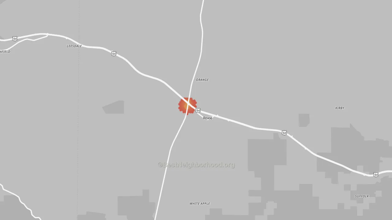 Walk Grade map of 39661, MS, walkable areas in green and car-dependent areas in red