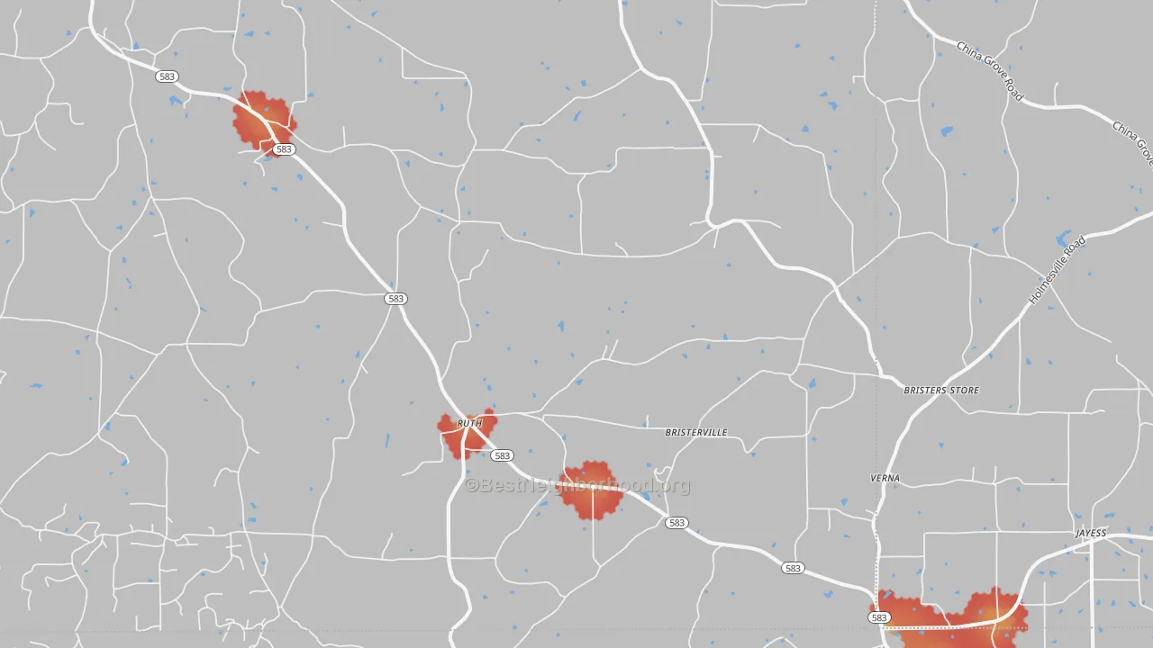 Walk Grade map of 39662, MS, walkable areas in green and car-dependent areas in red