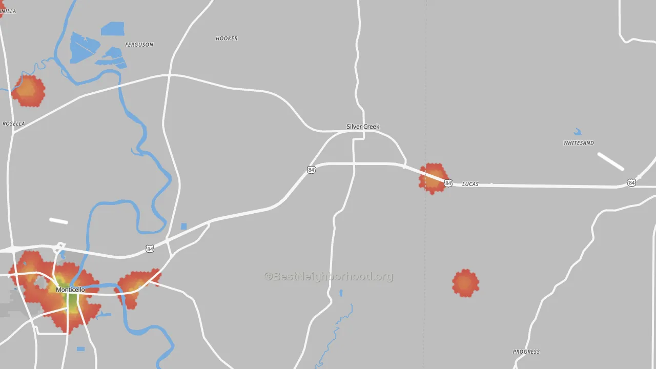 Walk Grade map of 39663, MS, walkable areas in green and car-dependent areas in red