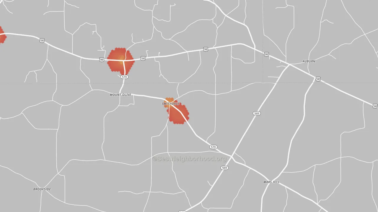 Walk Grade map of 39664, MS, walkable areas in green and car-dependent areas in red