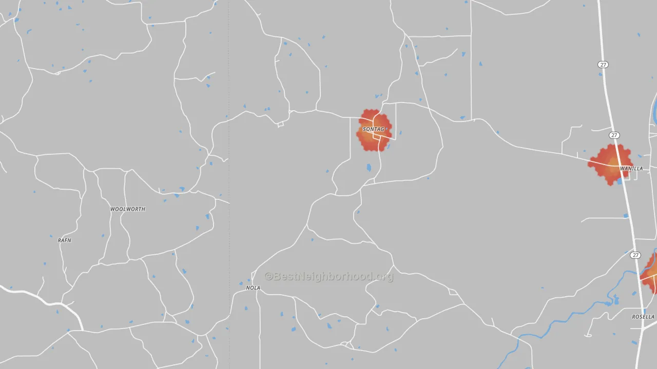 Walk Grade map of 39665, MS, walkable areas in green and car-dependent areas in red