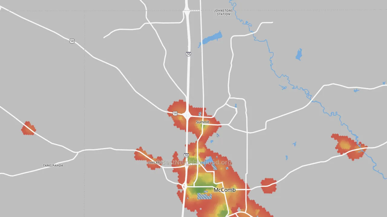 Walk Grade map of 39666, MS, walkable areas in green and car-dependent areas in red