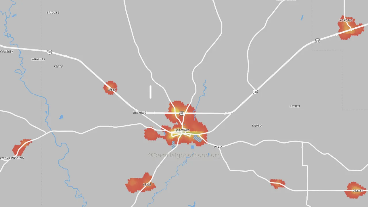 Walk Grade map of 39667, MS, walkable areas in green and car-dependent areas in red