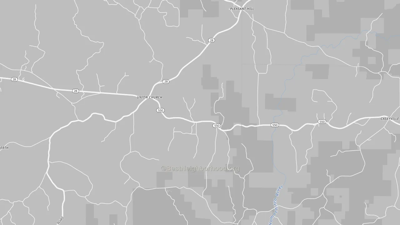 Walk Grade map of 39668, MS, walkable areas in green and car-dependent areas in red