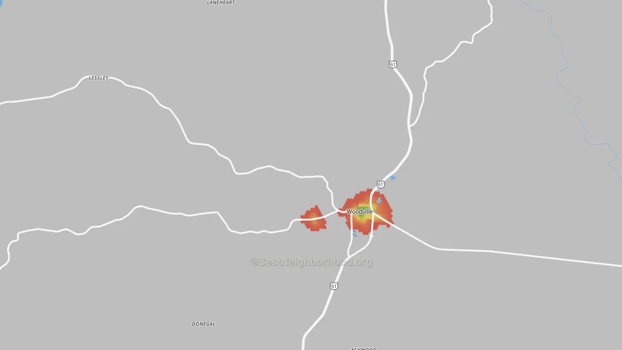 Walk Grade map of 39669, MS, walkable areas in green and car-dependent areas in red