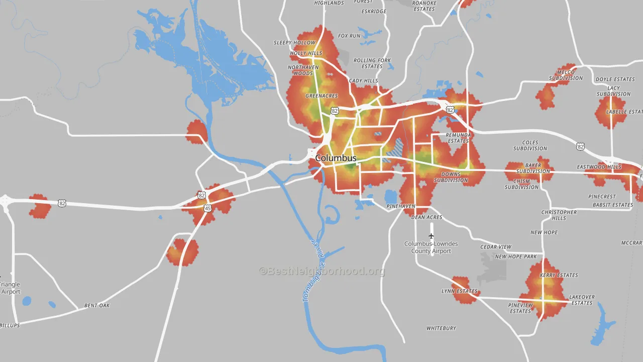 Walk Grade map of 39701, MS, walkable areas in green and car-dependent areas in red