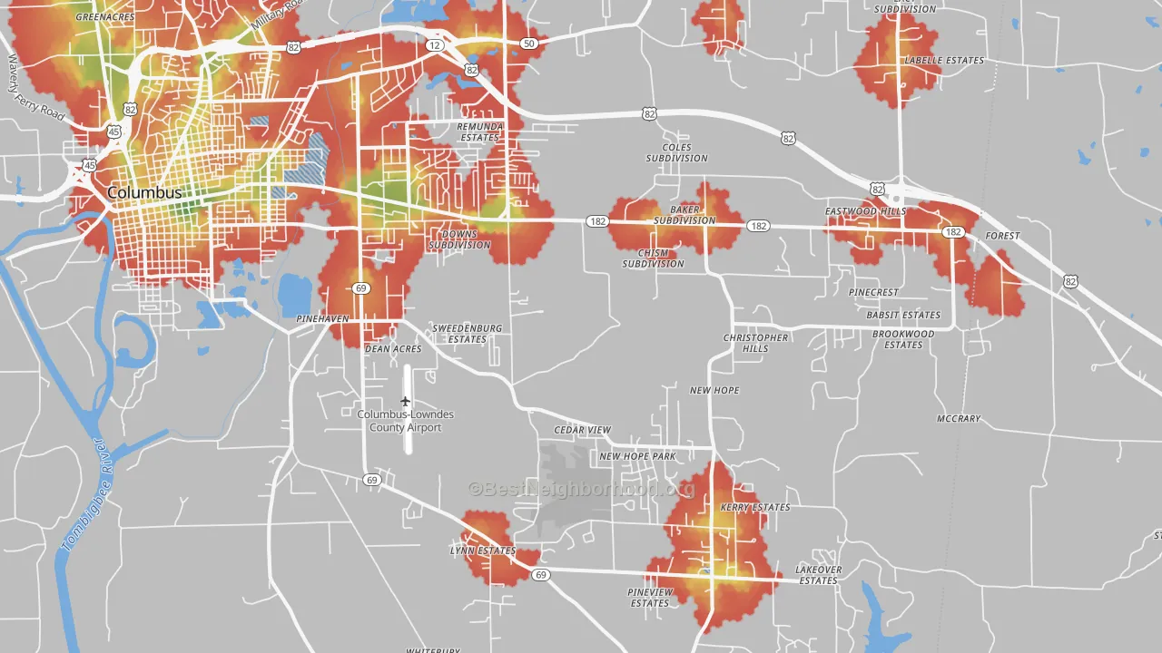 Walk Grade map of 39702, MS, walkable areas in green and car-dependent areas in red