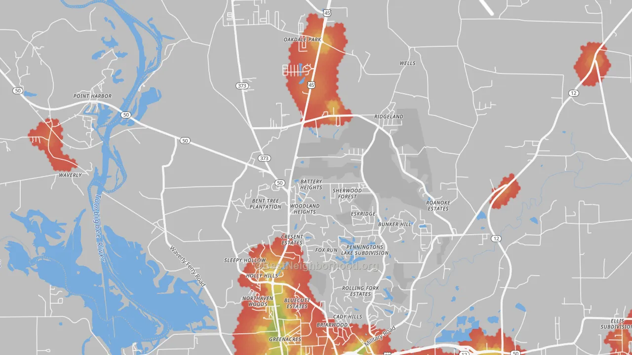 Walk Grade map of 39705, MS, walkable areas in green and car-dependent areas in red